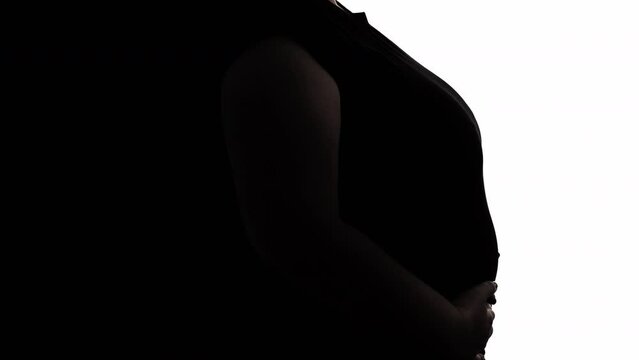 Enjoying pregnancy. Obese woman. Silhouette portrait. Female profile of plus size model feeling satisfied contouring body on black white background copy space.