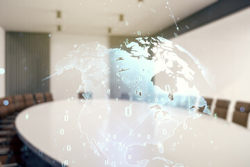Multi exposure of abstract graphic coding sketch and world map on a modern furnished classroom background, big data and networking concept