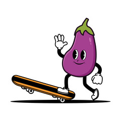 Cute smiling eggplant mascot character playing skateboard. Doodle vintage style illustration concept