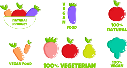 Stickers eggplant, apple, pear, strawberry, broccoli vegetarion food. Icon on white backdrop. Isolated background. Vegetarian food. Healthy vegan food.
