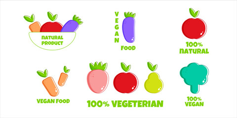 Stickers eggplant, apple, pear, strawberry, broccoli vegetarion food. Icon on white backdrop. Isolated background. Vegetarian food. Healthy vegan food.