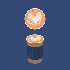 Coffee Cup with Heart Latte Art Pattern Top and Front View Isolated on Blue Background. Creative Design for Coffee House