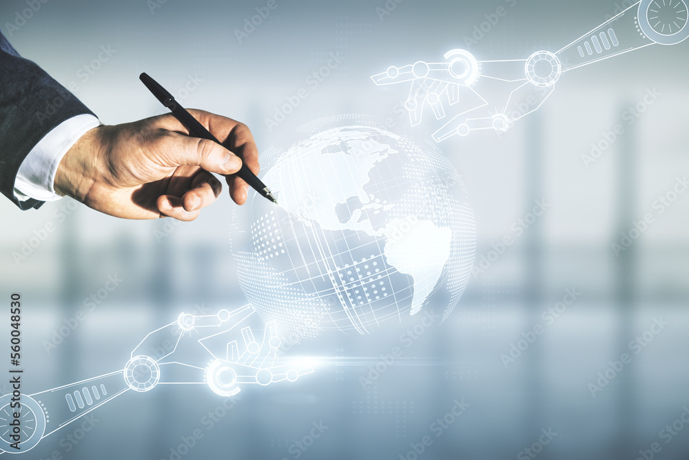 Poster man hand with pen working with abstract virtual robotics technology hologram with globe on blurred o