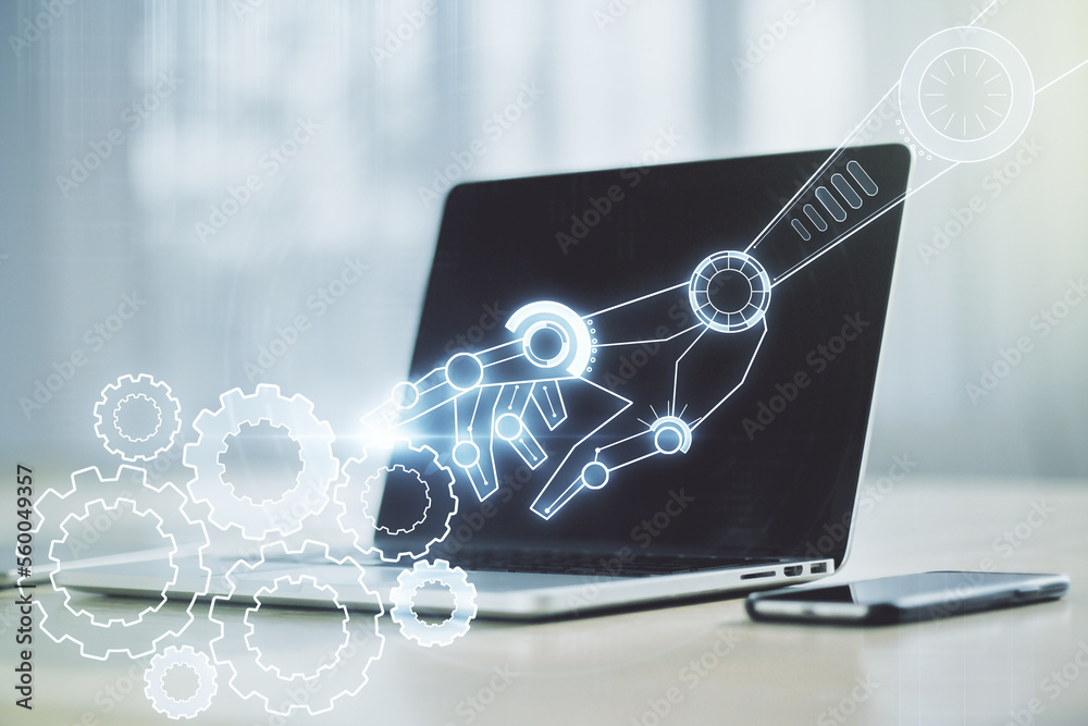 Poster creative abstract robotics technology sketch on modern laptop background, future technology and ai c