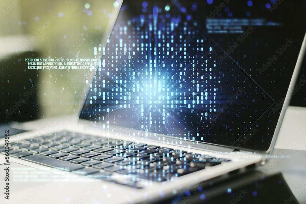 Poster double exposure of creative code skull hologram on laptop background. malware and cyber crime concep