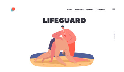 Lifeguard Landing Page Template. Man Rescuer Save Life to Victim on Ocean Beach. Character Help to Drowned Person