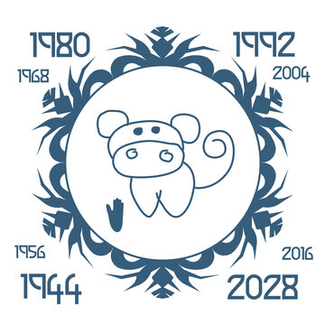 Monkey zodiac sign logo. Astrological Chinese animal calendar. Years 2016, 2028, 2040, 2052.