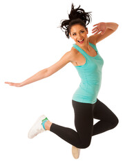Happy fit and slim woman dancing and jumping isolated without background PNG - 560052164