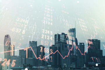 Multi exposure of abstract virtual graphic data spreadsheet sketch on Los Angeles cityscape background, analytics and analysis concept