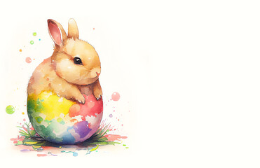 Pastel colored watercolor illustration banner with copy space of cute little bunny sitting in colored egg as Easter bunny generative AI art