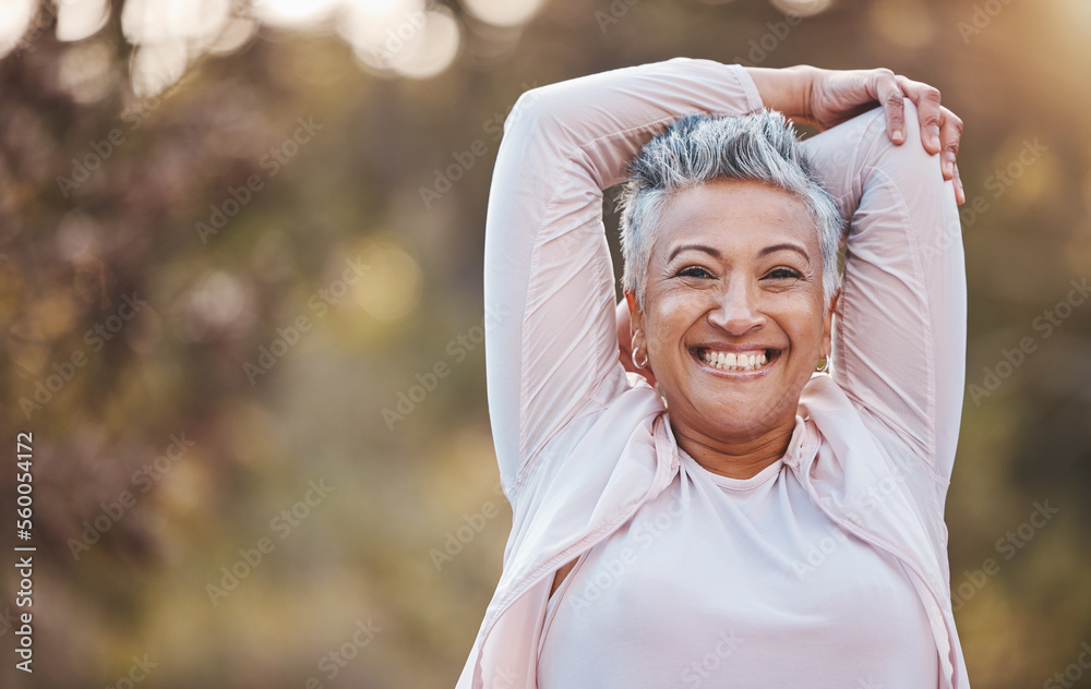 Poster Fitness, portrait or happy old woman stretching in nature to start training, body exercise or hiking workout in Portugal. Freedom, face or healthy senior person smiles with pride, goals or motivation