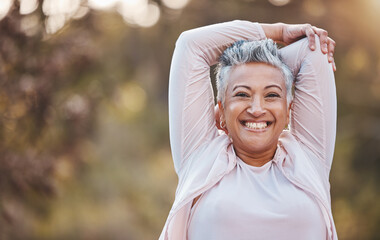 Fitness, portrait or happy old woman stretching in nature to start training, body exercise or...