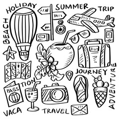 Set of hand draw doodle travel symbols tourism 
