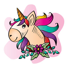 Cartoon unicorn head with flowers.