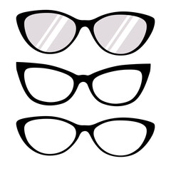 Silhouette set of eyewear, eye glasses and sunglasses in flat vector.