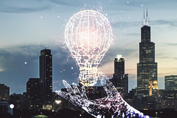 Abstract virtual light bulb illustration on Chicago cityscape background, future technology...