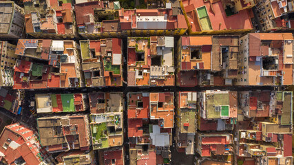 Fototapeta na wymiar Aerial perpendicular view of the Quartieri Spagnoli (Spanish Neighborhoods), a part of the city of Naples in Italy. This district is located in the historic center of the city.