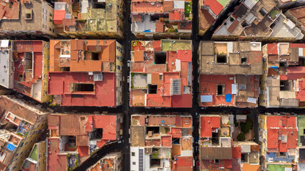 Aerial perpendicular view of the Quartieri Spagnoli (Spanish Neighborhoods), a part of the city of Naples in Italy. This district is located in the historic center of the city.