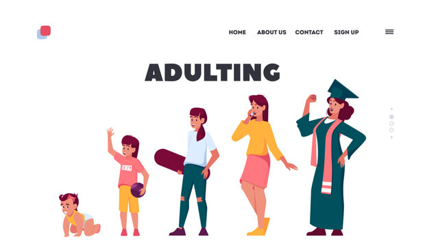Adulting Landing Page Template. Female Character Life Cycle. Woman in Different Ages Newborn Baby, Child, Teenager