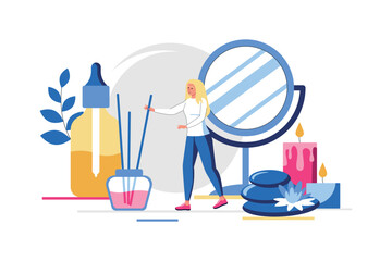 Spa salon concept with people scene in flat design. Woman enjoying aromatherapy and using beauty products and facial serum oil for skin care. Vector illustration with character situation for web