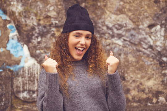 Hipster girl with knit hat - concept success