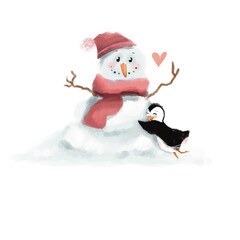 The penguin hugs the snowman. Very cute digital illustration.