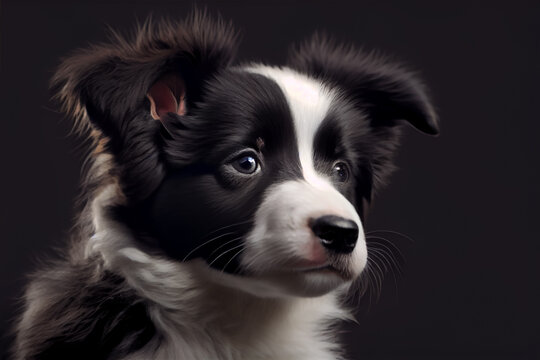 Beautiful Border Collie puppy dog portrait in front of dark background.