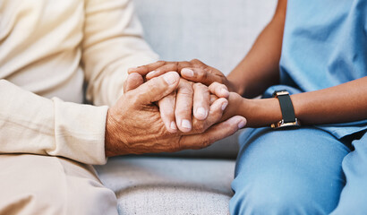Nurse, hands and senior patient in empathy, safety and support of help, trust and healthcare consulting. Nursing home, counseling and gratitude for medical caregiver, client and hope in consultation - obrazy, fototapety, plakaty