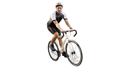 Two male cyclists ride a bicycle in a helmet in a tracksuit, transparent background