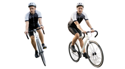 Two male cyclists ride a bicycle in a helmet in a tracksuit, transparent background