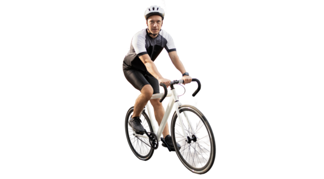 Two male cyclists ride a bicycle in a helmet in a tracksuit, transparent background