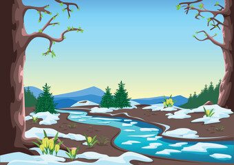 Spring landscape with big trees, river, forest, melting snow and first flowers. Ice drift on the river. Beautiful spring background illustration. Vector