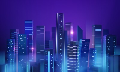 Futuristic night city metropolis at dusk, 3D illustration.Skyscrapers with neon lights illuminating foggy streets.City nightlife, with violet hues, geometric shapes and cyber-inspired, panoramic scene