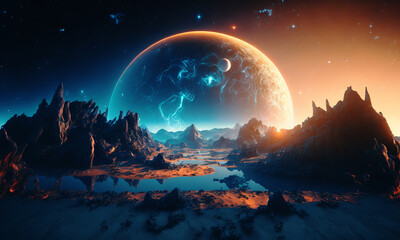 Space planets background. Distant planetscape in cosmos with exoplanets. Concept art Generative ai