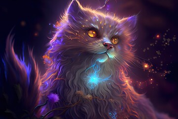 Fantasy cat with magical light. AI illustration