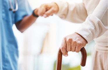 Walking stick, nurse and hands helping patient, support and therapy of disability, parkinson or arthritis. Cane, disabled old man and physiotherapy in nursing home, elderly healthcare or osteoporosis