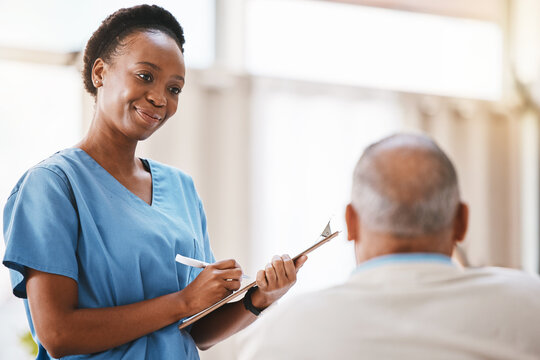 Consulting, medical and checklist with old man and nurse for retirement, rehabilitation or physical therapy. Help, empathy and healing with patient and black woman in nursing home for healthcare exam