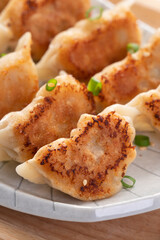 Pan-fried gyoza dumpling jiaozi in a plate with soy sauce on white table background.