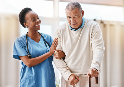 Help, support and medical with nurse and old man and cane for retirement, rehabilitation or healing. Empathy, physical therapy and healthcare with patient and walking stick in caregiver nursing home