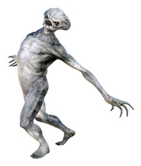 Illustration of an alien grimacing with arms back and chest out isolated on a white background.