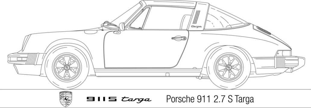 Germany, year 1974, Porsche 911 S Targa silhouette, illustration