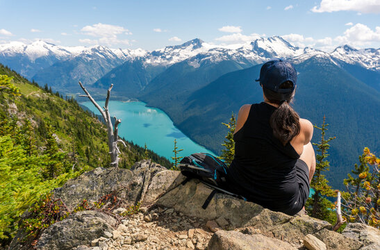 Female hiker looking at Cheakamus&Acirc;&nbsp;Lake, High Note Trail, Whistler&Acirc;&nbsp;Blackcomb&Acirc;&nbsp;Ski Resort, British Columbia, Canada