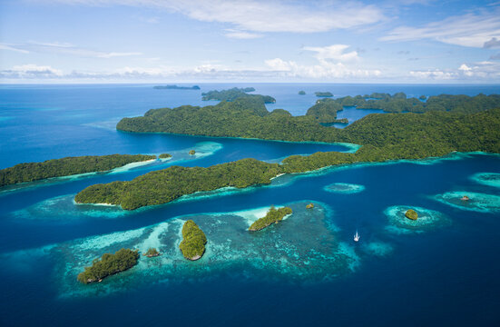 Aerial view of tropical islands of Palau surrounded by sea
