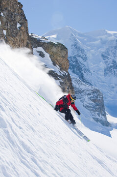 Man skiing in Diavolezza, St. Moritz, Switzerland.