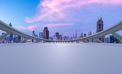 Empty square floor and city skyline with modern buildings at sunset in Shanghai, China. 3d square...
