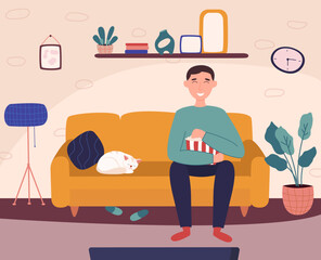 home movie watching. man sitting on couch eating popcorn. sleeping cat on the couch. apartment interior in the background