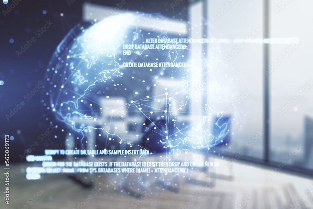 Poster double exposure of abstract creative programming illustration with world map and modern desk with co