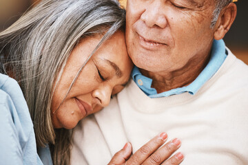 Love, grief and elderly couple hugging with support, bonding and spending quality time together at...