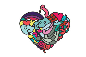 funny and cute heart doodle art design in hand drawn style colorful vector