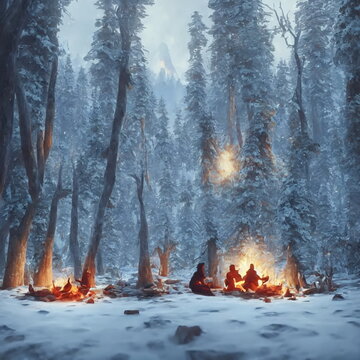 People sitting near cozy campfire during winter with a lot of snow. Illustration designed by generative AI